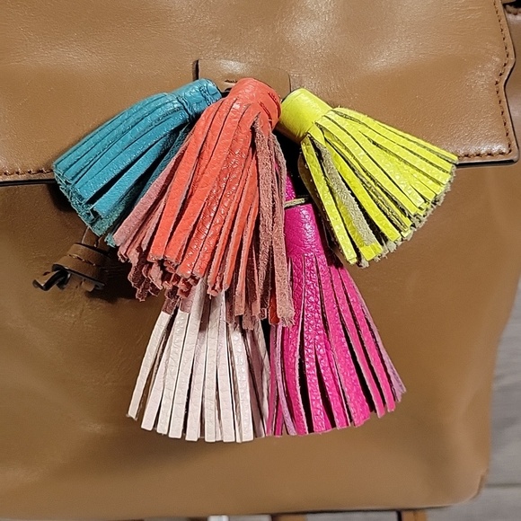 Rebecca Minkoff Tan Leather Backpack with Multicolor Tassels display picture 2